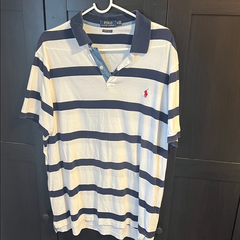 Polo by Ralph Lauren Men's Blue and White Striped Polo Shirt